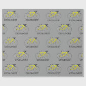Papier Cadeau Bicyclette jaune avec texte cycologue sur gris (Plat)