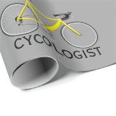 Papier Cadeau Bicyclette jaune avec texte cycologue sur gris (Coin rond)