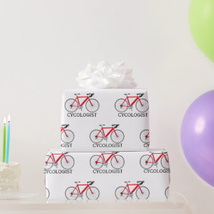 Papier Cadeau Bicyclette rouge avec texte cycologue en blanc