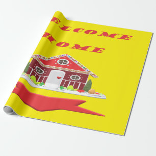 PAPIER CADEAU BIENVENUE MAISON ROUGE ET CONCEPTION JAUNE CANARIE