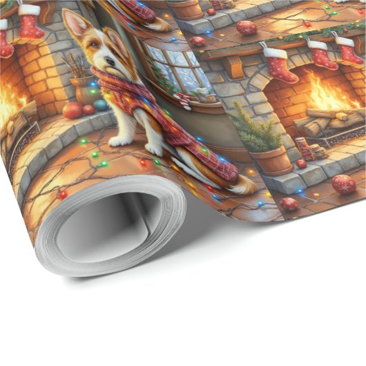 Papier Cadeau Biewer Terrier Fireplace with Christmas Lights (Coin rond)