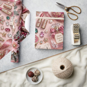 Papier Cadeau Bijoux de Noël en Bourgogne Rose Parisien