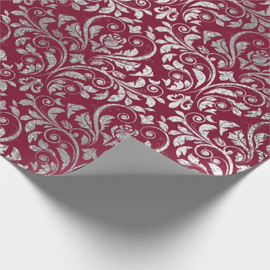 Papier Cadeau Bijoux Royal Damask Floral Maroon Bourgogne Argent (Coin)