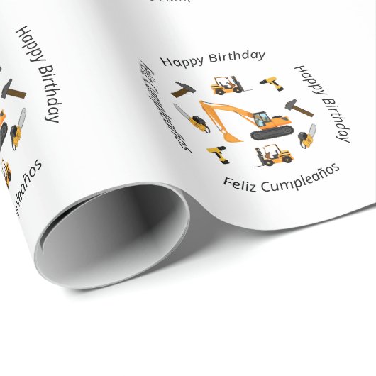 Papier Cadeau Bilingue White Construction Boy Anniversaire (Coin rond)
