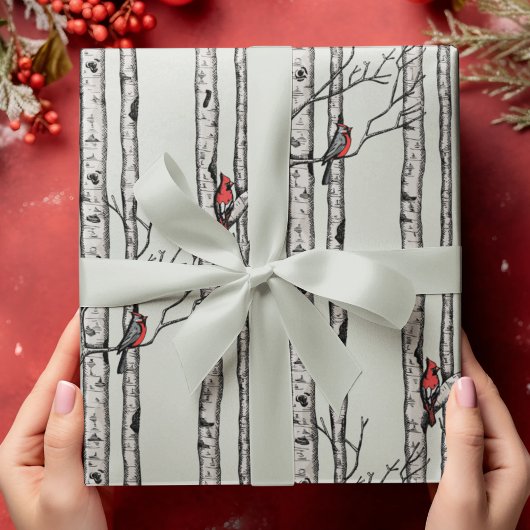 Papier Cadeau Birch Trees modernes et Red Cardinal Birds