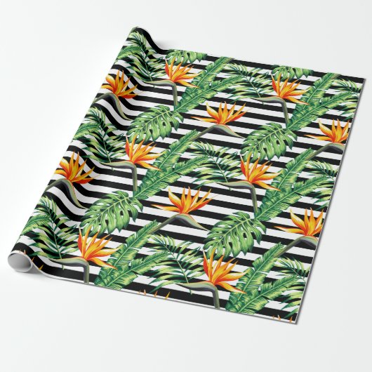 Papier Cadeau Bird of Paradise Black White Stripes Wrapper Pape (Déroulé)