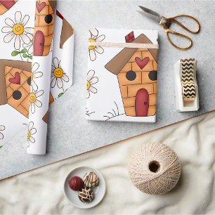Papier Cadeau Birdhouse Et Fleurs