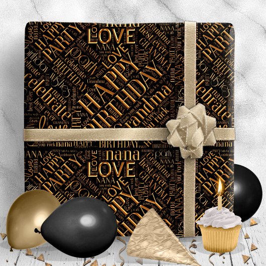 Papier Cadeau Birthday Word Cloud Grandma Gold ID276