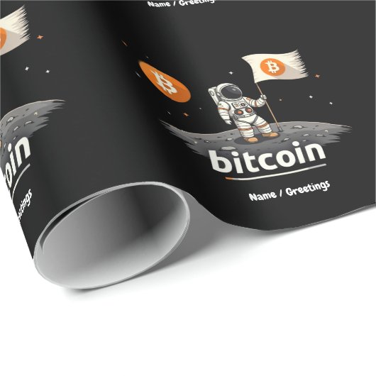 Papier Cadeau Bitcoin Crypto Moon Astronaut Design BTC (Coin rond)