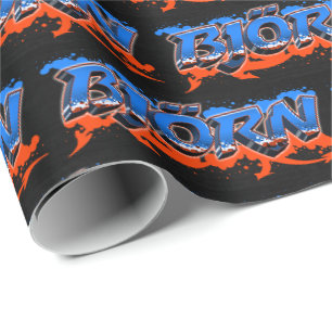 Papier Cadeau Björn prénom nom graffiti bleu orange