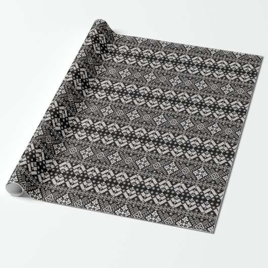 Papier Cadeau Black and White Christmas Fair Isle Motif (Déroulé)