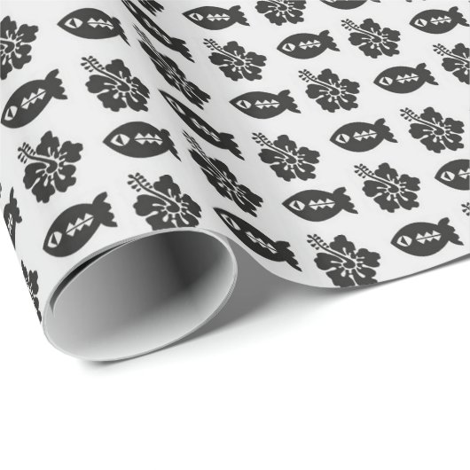 Papier Cadeau Black and White Tiki Fish and Flower Pattern (Coin rond)
