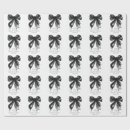 Papier Cadeau Black Bow Coquette Script Sweet 16 Party (Plat)