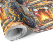Papier Cadeau Black Cat Sitting Fireplace with Christmas Lights (Coin rond)