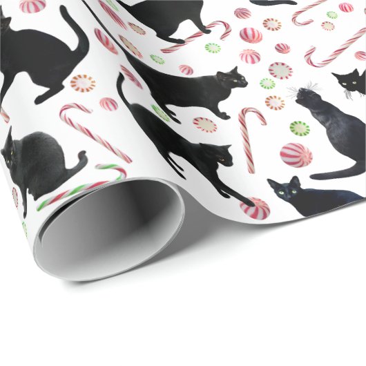 Papier Cadeau Black Cats with Peppermint Candy Wrapping Paper (Coin rond)