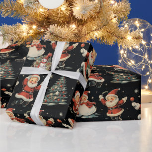 Papier Cadeau Black Christmas Père Noël Tree Snowman