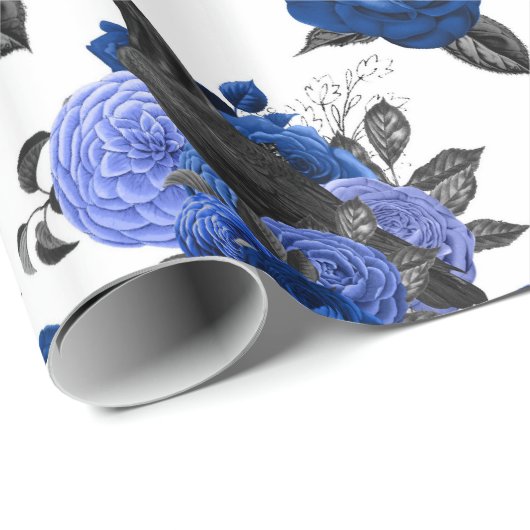 PAPIER CADEAU BLACK CROWS ROYAL BLEU ROSE FLEURS GODE (Coin rond)