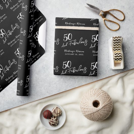 Papier Cadeau Black Fifty and Fabulous Script Birthday Party (Artisanat)