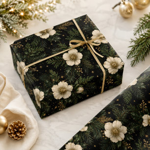 Papier Cadeau Black Forest Green Gold Hellebore Noël