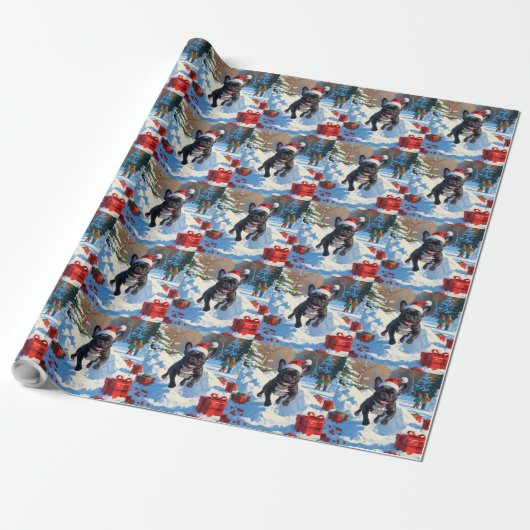 Papier Cadeau Black French Bulldog Festive de Noël Scène de neig (Déroulé)