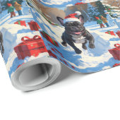 Papier Cadeau Black French Bulldog Festive de Noël Scène de neig (Coin rond)
