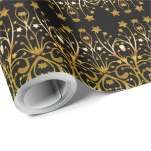 Papier Cadeau Black Gold Brown Elegant Chic Stars Motif