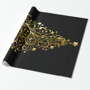 Papier Cadeau Black Gold Elegant Chic Christmas Tree Stars