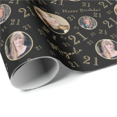 Papier Cadeau Black Gold Numéro Photo 21e anniversaire (Coin rond)