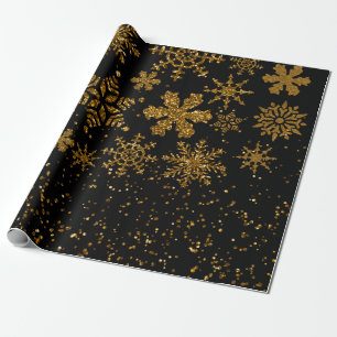 Papier Cadeau Black & Gold Snowflakes Étoiles Joyeux Noël