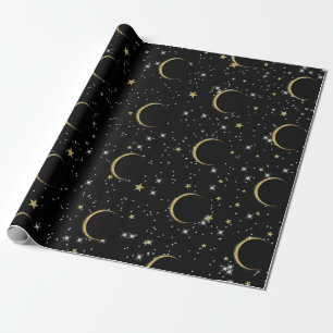 Papier Cadeau Black Gold Stars Lune Magie Anniversaire