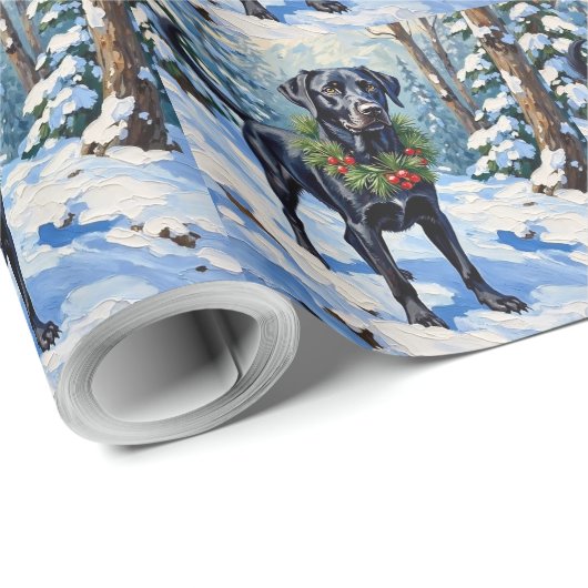 Papier Cadeau Black Lab Serene Winter Forest Christmas Holiday (Coin rond)