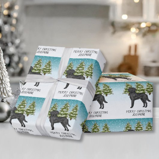 Papier Cadeau Black Labrador Retriever Winter Forest Texte perso