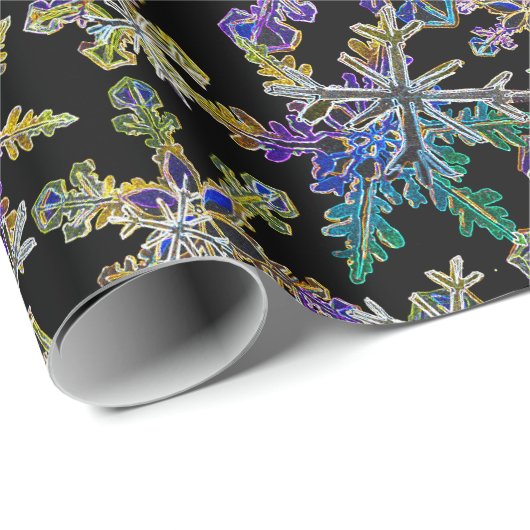 Papier Cadeau Black Light Neon Noël Snowflake Motif (Coin rond)