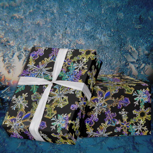 Papier Cadeau Black Light Neon Noël Snowflake Motif