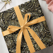 Papier Cadeau Black & Metallic Argent & Or Floral Paisley