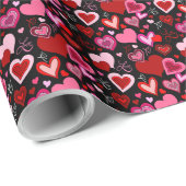 Papier Cadeau Black Pink Red Hearts Love Pattern (Coin rond)