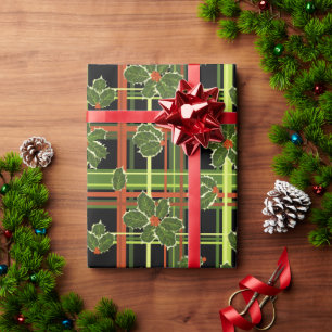 Papier Cadeau Black Plaid Holly Berries Noël