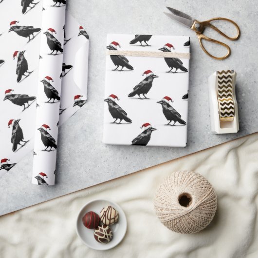 Papier Cadeau Black raven crow with red santa hat pattern (Artisanat)