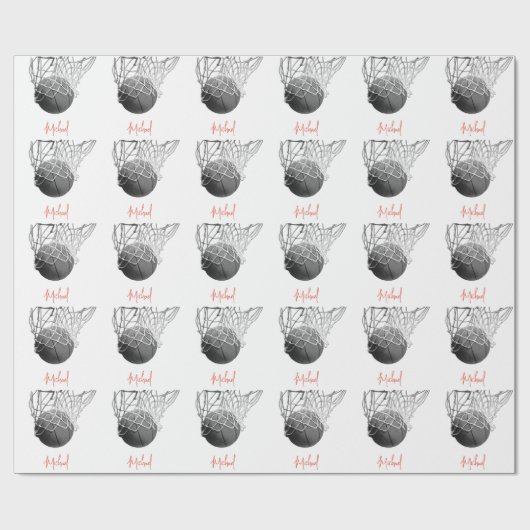 Papier Cadeau Black & White Basketball Ball & Net Your Name (Plat)
