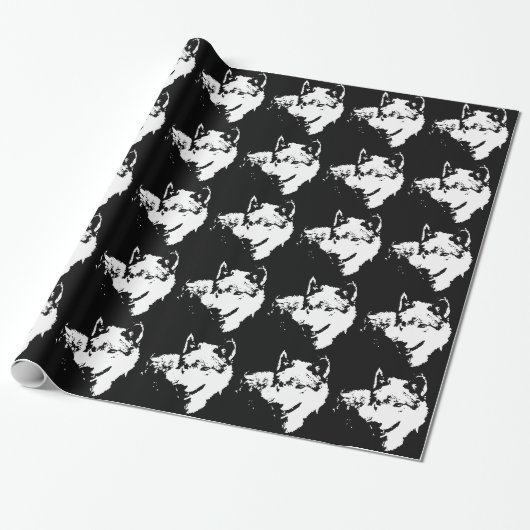 Papier Cadeau Black & White Pop Art Grey Wolf (Déroulé)