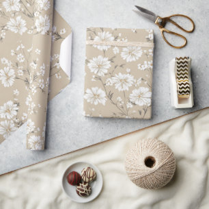 Papier Cadeau Blanc Beige Ditsy Fleur Élégant Boho 70s Vintage 
