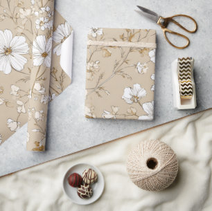 Papier Cadeau Blanc Beige Ditsy Fleur Élégant Boho 70s Vintage 