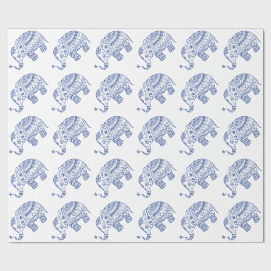 Papier Cadeau Blanc & Bleu Cute Floral Elephant Design (Plat)