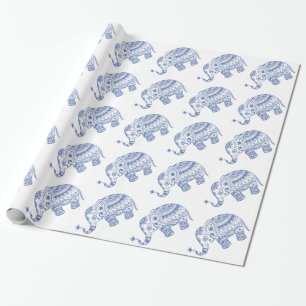 Papier Cadeau Blanc & Bleu Cute Floral Elephant Design