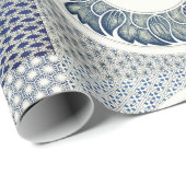 Papier Cadeau Blanc bleu Floral chinois rond (Coin rond)