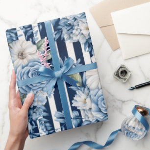 Papier Cadeau Blanc Bleu Grandes Florales Anniversaire