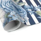 Papier Cadeau Blanc Bleu Grandes Florales Anniversaire (Coin rond)