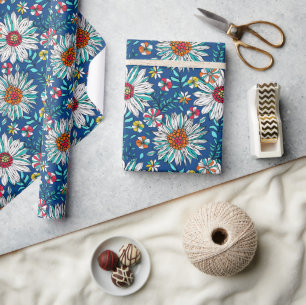 Papier Cadeau Blanc Bleu Jaune Orange Rouge Fleurs de marais Mot