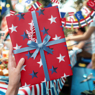 Papier Cadeau Blanc Bleu Rouge Big Stars Americana étoilé