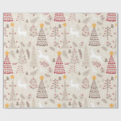 Papier Cadeau Blanc crémeux, sapin de Noël et cerf (Plat)